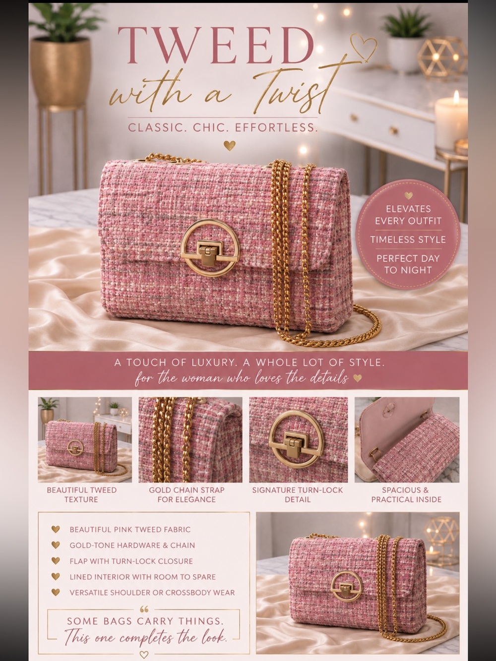 Chic Tweed Crossbody Bag with Gold Chain